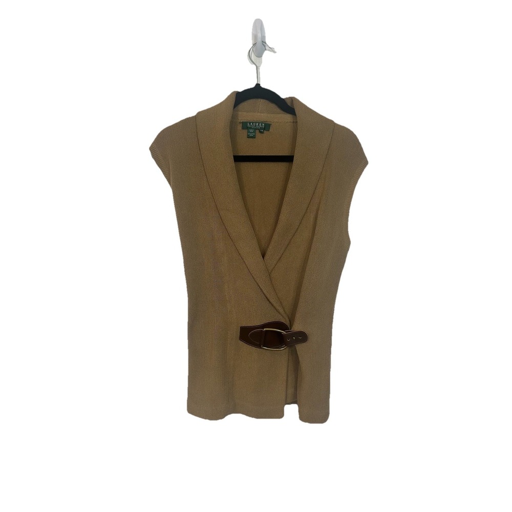 Lauren Ralph Lauren Sleeveless Cardigan Sweater Vest Tan Cotton Knit Women P/M